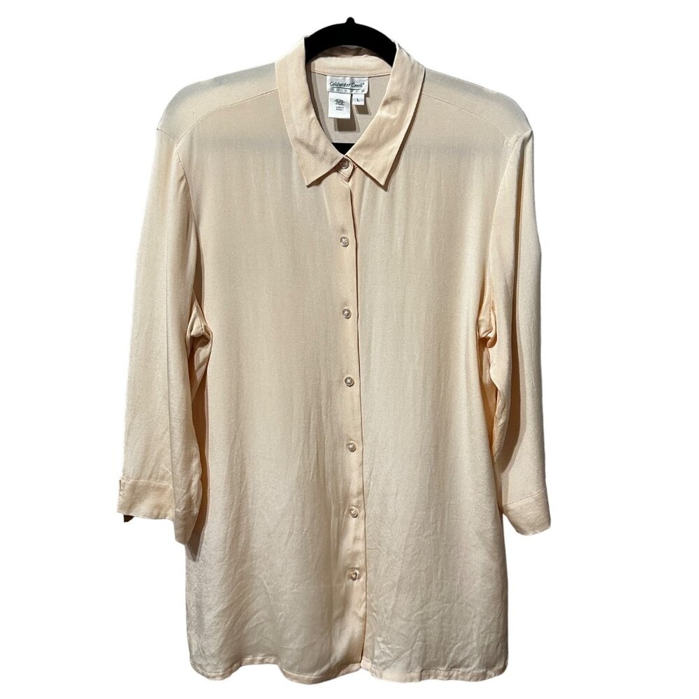 Coldwater Creek sz L soft peach silk blend 3/4 sleeve long line buttoned blouse